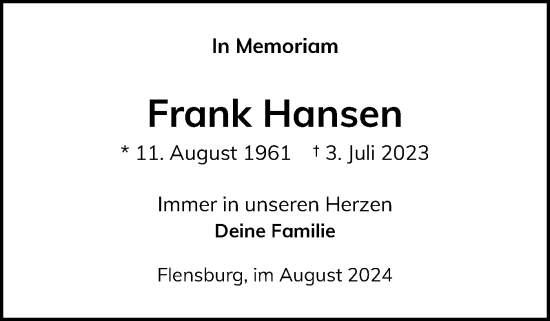 Traueranzeige von Frank Hansen von Flensburger Tageblatt