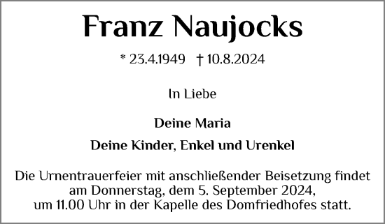 Traueranzeige von Franz Naujocks von Schleswiger Nachrichten, Schlei-Bote