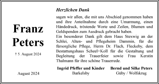 Traueranzeige von Franz Peters von Eckernförder Zeitung, Hallo Eckernförde