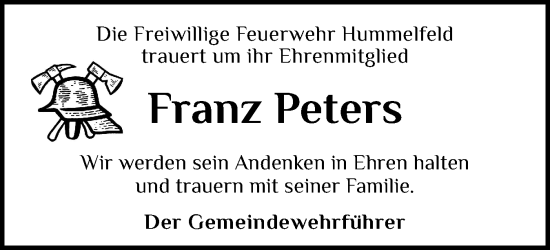Traueranzeige von Franz Peters von Eckernförder Zeitung, Hallo Eckernförde