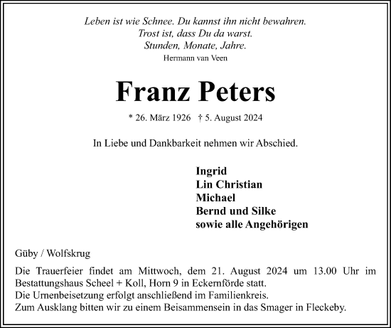 Traueranzeige von Franz Peters von Eckernförder Zeitung, Hallo Eckernförde