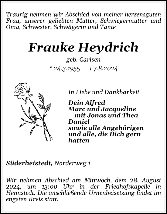 Traueranzeige von Frauke Heydrich von Husumer Nachrichten, Nordfriesland Tageblatt