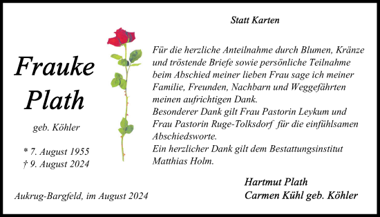 Traueranzeige von Frauke Plath von Holsteinischer Courier