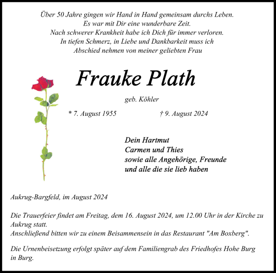 Traueranzeige von Frauke Plath von Holsteinischer Courier