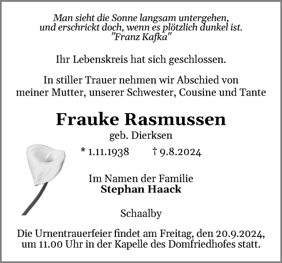Traueranzeige von Frauke Rasmussen von Schleswiger Nachrichten, Schlei-Bote