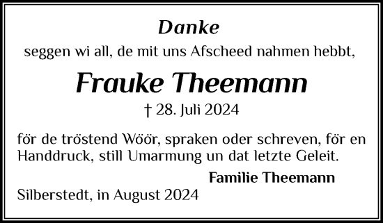 Traueranzeige von Frauke Theemann von Region Flensburg