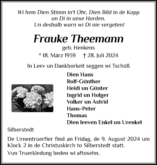 Traueranzeige von Frauke Theemann von Region Flensburg