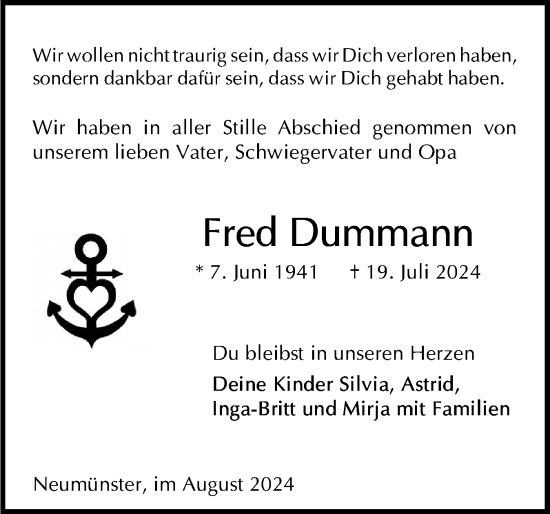 Traueranzeige von Fred Dummann von Holsteinischer Courier