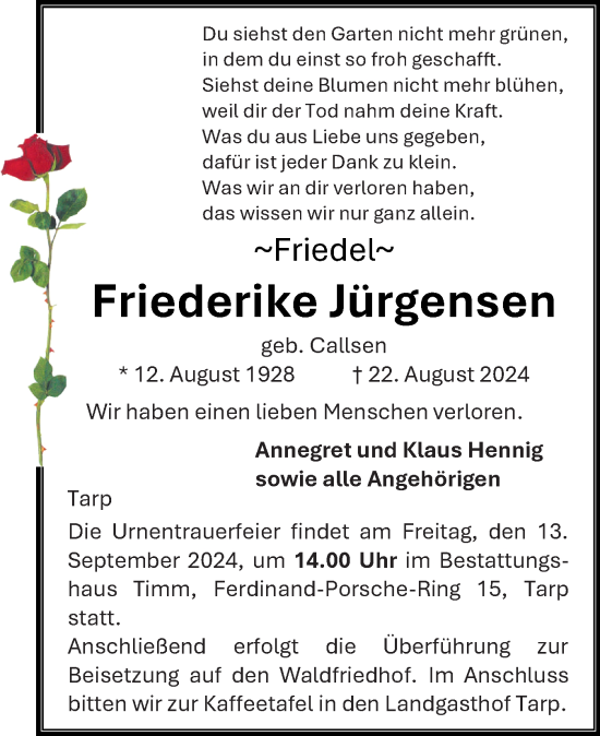 Traueranzeige von Friederike Jürgensen von Region Flensburg