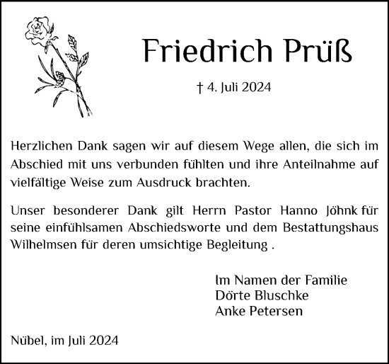 Traueranzeige von Friedrich Prüß von Schleswiger Nachrichten, Schlei-Bote