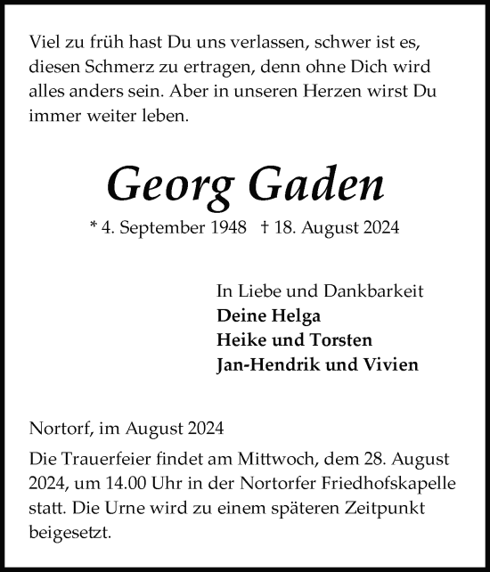 Traueranzeige von Georg Gaden von Schleswig-Holsteinische Landeszeitung