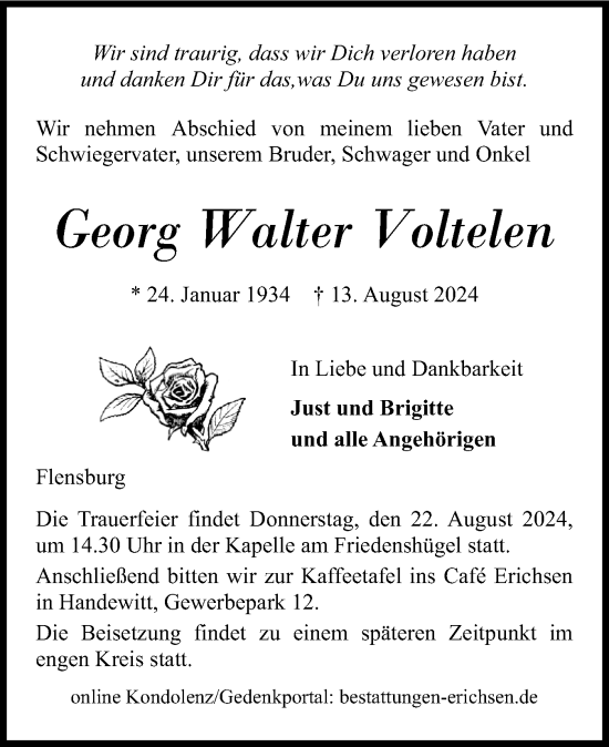 Traueranzeige von Georg Walter Voltelen von Flensburger Tageblatt, Schleswiger Nachrichten, Schlei-Bote