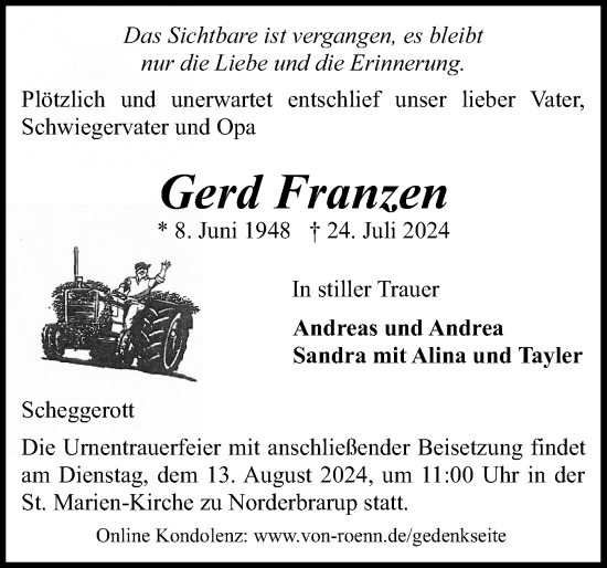 Traueranzeige von Gerd Franzen von Schleswiger Nachrichten, Schlei-Bote