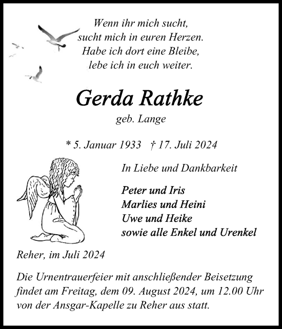 Traueranzeige von Gerda Rathke von Norddeutsche Rundschau, Wilstersche Zeitung, Glückstädter Fortuna