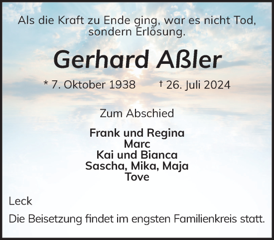 Traueranzeige von Gerhard Aßler von Husumer Nachrichten, Nordfriesland Tageblatt