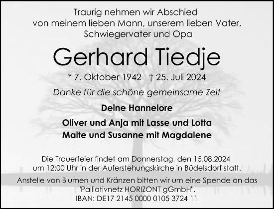 Traueranzeige von Gerhard Tiedje von Schleswig-Holsteinische Landeszeitung