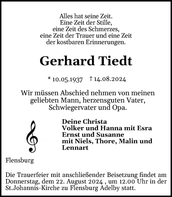 Traueranzeige von Gerhard Tiedt von Flensburger Tageblatt