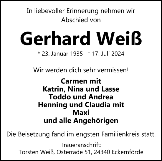 Traueranzeige von Gerhard Weiß von Eckernförder Zeitung, Hallo Eckernförde