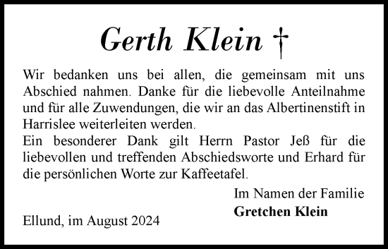Traueranzeige von Gerth Klein von Flensburger Tageblatt
