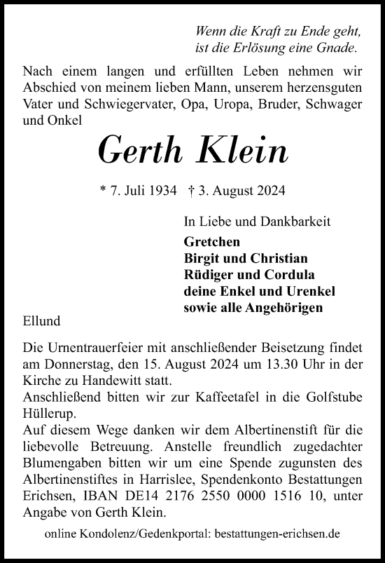 Traueranzeige von Gerth Klein von Flensburger Tageblatt