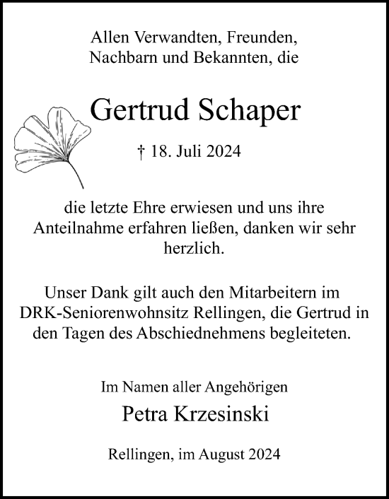 Traueranzeige von Gertrud Schaper von Region Pinneberg und tip Pinneberg