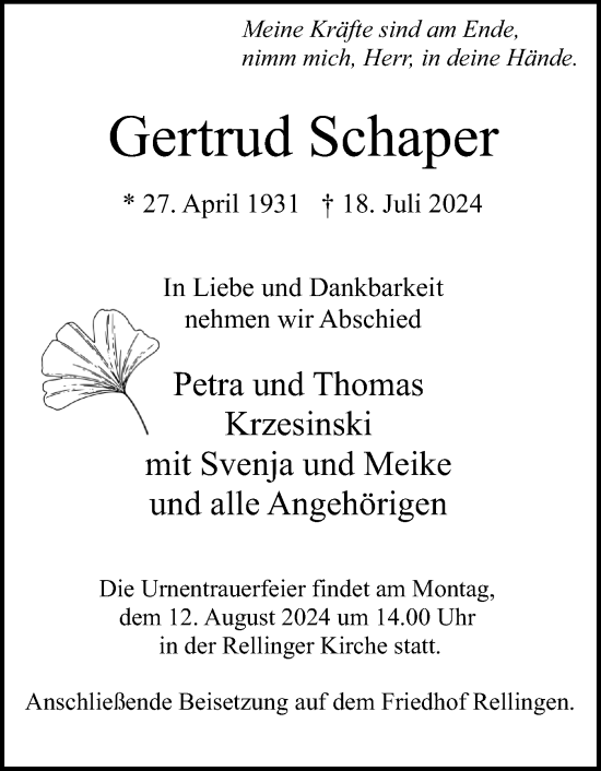 Traueranzeige von Gertrud Schaper von Region Pinneberg und tip Pinneberg
