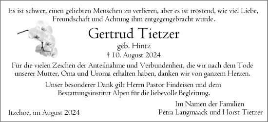 Traueranzeige von Gertrud Tietzer von Norddeutsche Rundschau, Wilstersche Zeitung, Glückstädter Fortuna