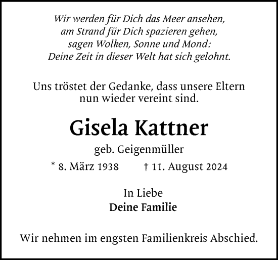 Traueranzeige von Gisela Kattner von Region Pinneberg und tip Pinneberg