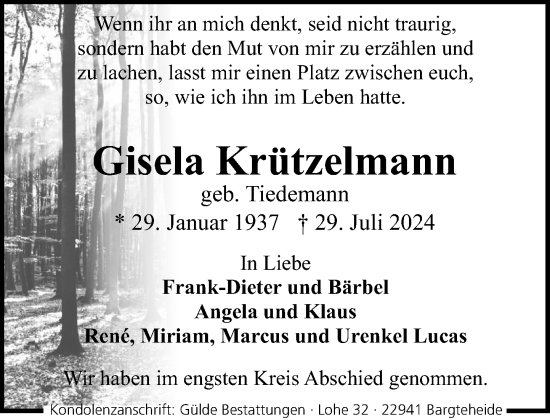 Traueranzeige von Gisela Krützelmann von Stormaner Tageblatt