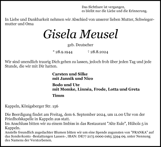 Traueranzeige von Gisela Meusel von Schleswiger Nachrichten, Schlei-Bote