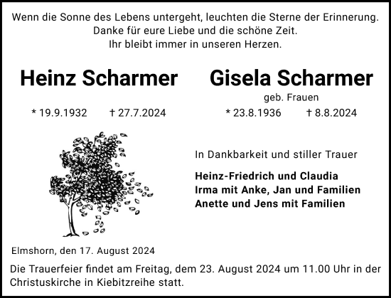 Traueranzeige von Gisela Scharmer von Elmshorner Nachrichten, Barmstedter Zeitung