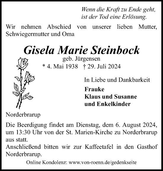 Traueranzeige von Gisela Marie Steinbock von Flensburger Tageblatt, Schleswiger Nachrichten, Schlei-Bote
