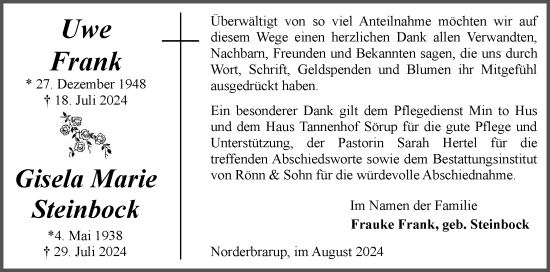 Traueranzeige von Gisela Marie Steinbock von Flensburger Tageblatt, Schleswiger Nachrichten, Schlei-Bote