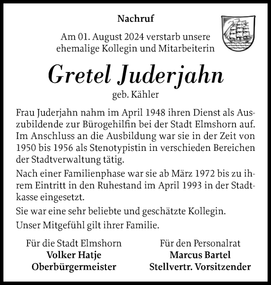 Traueranzeige von Gretel Juderjahn von Elmshorner Nachrichten, Barmstedter Zeitung