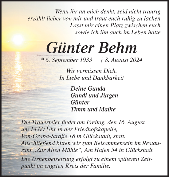 Traueranzeige von Günter Bhem von Norddeutsche Rundschau, Wilstersche Zeitung, Glückstädter Fortuna