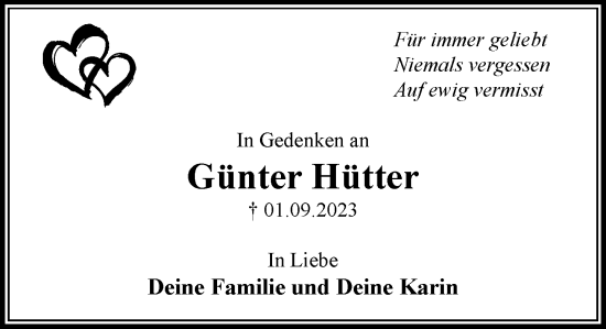 Traueranzeige von Günter Hütter von Stormaner Tageblatt