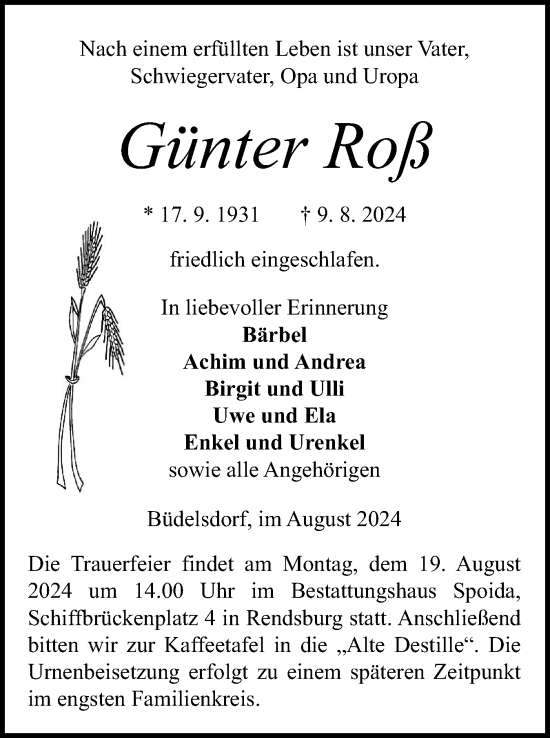 Traueranzeige von Günter Roß von Schleswig-Holsteinische Landeszeitung
