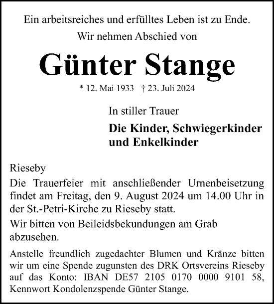 Traueranzeige von Günter Stange von Eckernförder Zeitung