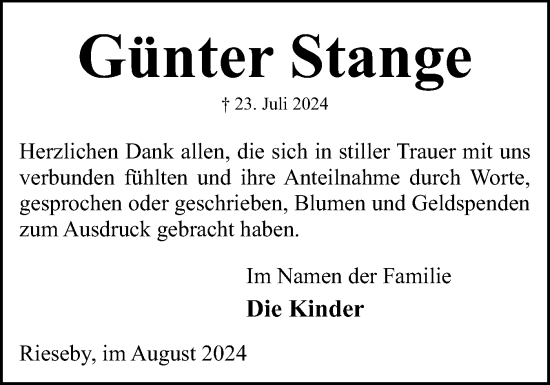 Traueranzeige von Günter Stange von Eckernförder Zeitung, Hallo Eckernförde