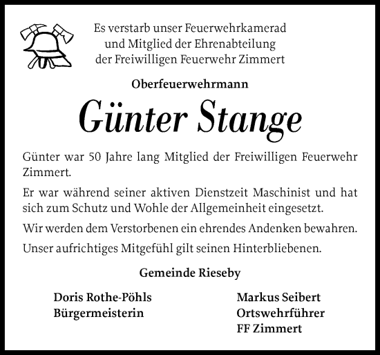 Traueranzeige von Günter Stange von Eckernförder Zeitung, Hallo Eckernförde