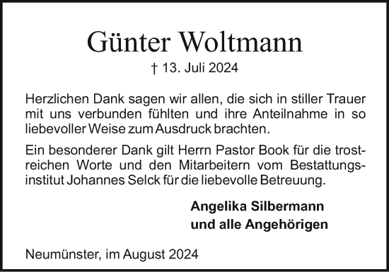 Traueranzeige von Günter Woltmann von Holsteinischer Courier