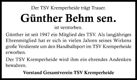 Traueranzeige von Günther Behm von Norddeutsche Rundschau, Wilstersche Zeitung, Glückstädter Fortuna