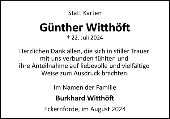 Traueranzeige von Günther Witthöft von Eckernförder Zeitung, Hallo Eckernförde