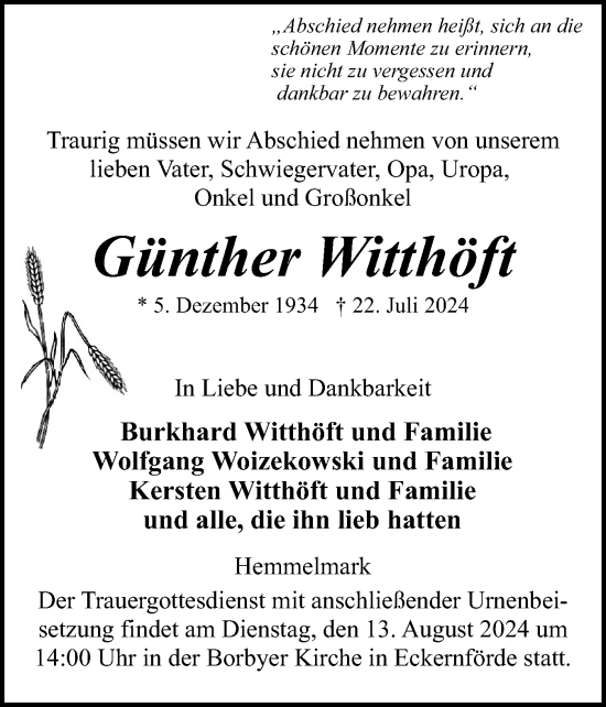Traueranzeige von Günther Witthöft von Eckernförder Zeitung, Hallo Eckernförde