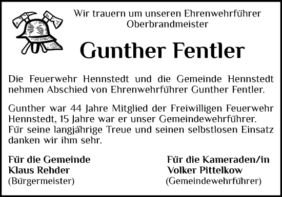 Traueranzeige von Gunther Fentler von Norddeutsche Rundschau, Wilstersche Zeitung, Glückstädter Fortuna