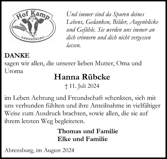 Traueranzeige von Hanna Rübcke von Stormaner Tageblatt