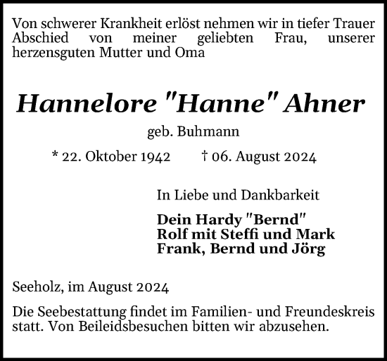 Traueranzeige von Hannelore Ahner von Eckernförder Zeitung, Hallo Eckernförde