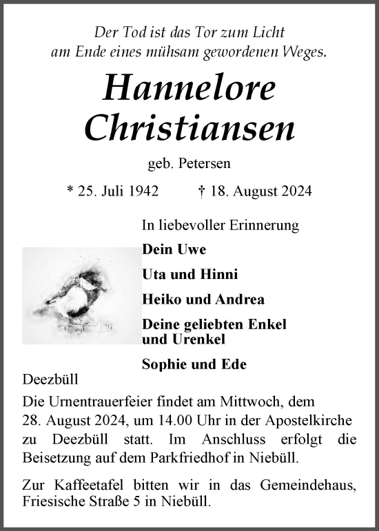 Traueranzeige von Hannelore Christiansen von Husumer Nachrichten, Nordfriesland Tageblatt