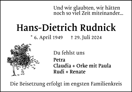 Traueranzeige von Hans-Dietrich Rudnick von Region Pinneberg und tip Pinneberg