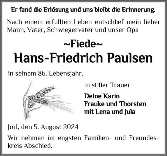 Traueranzeige von Hans-Friedrich Paulsen von Region Flensburg
